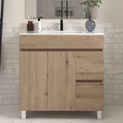Meuble de salle de bain 70cm simple vasque sans miroir à poseravec portes et tiroirs - cambrian (chêne clair) - HARO