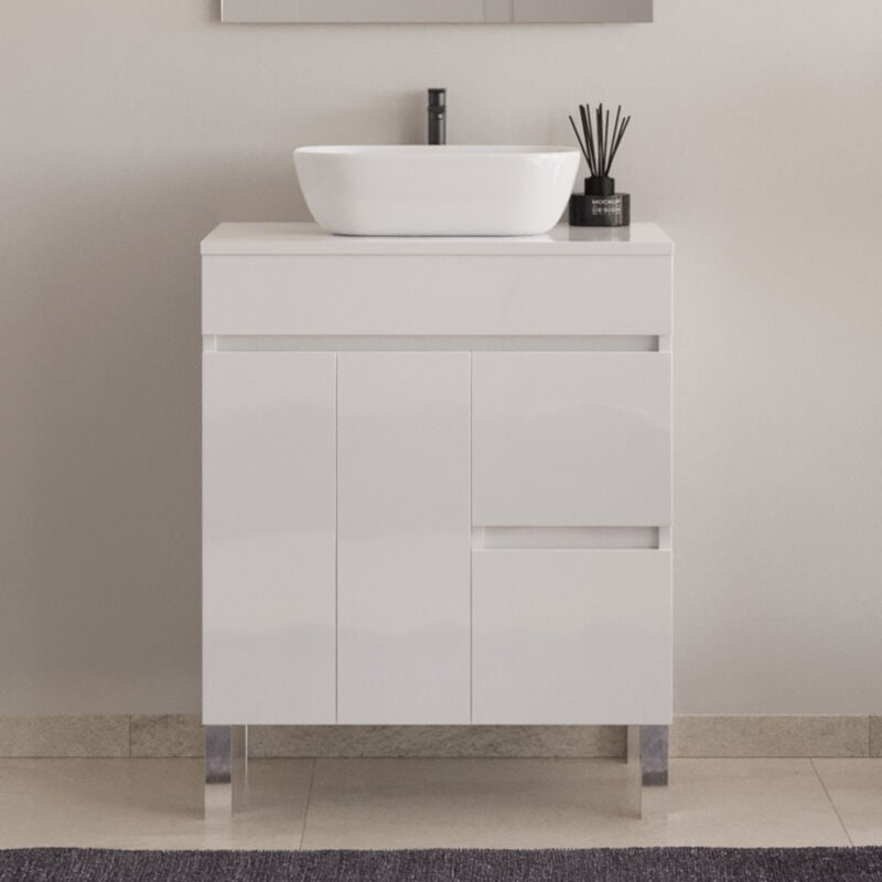 Cosyneo - Meuble de salle de bain 70cm sur pieds avec plateau et une cuve à poser arrondie - sans miroir - portes et tiroirs - blanc - haro