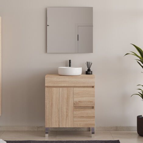 Meuble de salle de bain 70cm sur pieds avec plateau et une cuve à poser ronde - portes et tiroirs - cambrian (chêne clair) - HARO