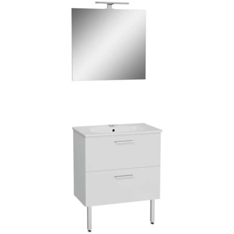 Meuble de Salle de Bain 70cm VITRA Mia Blanc Meuble, Plan Vasque Céramique, Miroir et LED - 66100
