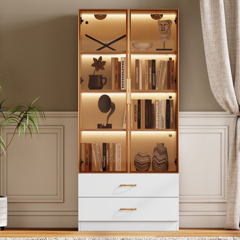 Tanant - Meuble de salle de bain 75 cm, meuble de rangement avec 2 tiroirs et 2 portes vitrées, bande lumineuse led, meuble de salle de bain - Blanc