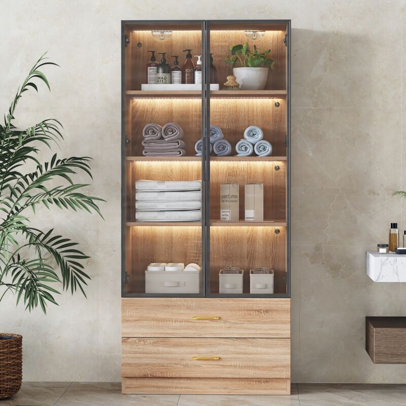 Meuble de salle de bain 75 cm, meuble de rangement avec 2 tiroirs et 2 portes vitrées, bande lumineuse led, meuble de salle de bain - Marron