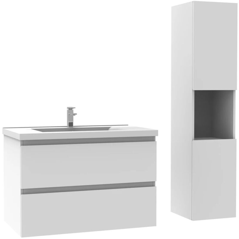 Saniland - Meuble de salle de bain 79 cm avec lavabo et colonne suspendue 30x30 cm - Blanc