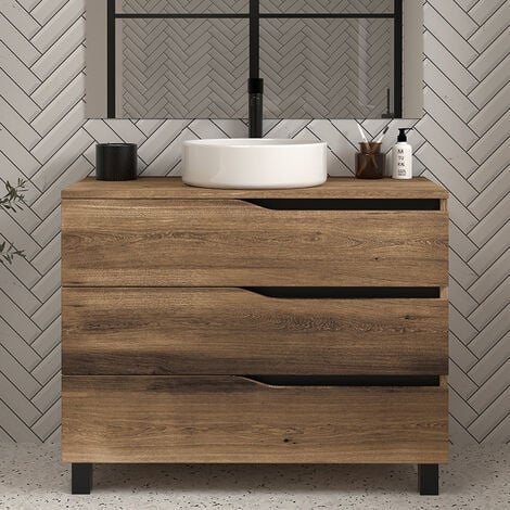 COSYNEO Meuble de salle de bain 80 avec plateau et vasque à poser - sans miroir - 3 tiroirs - tabaco (bois foncé) - MATA