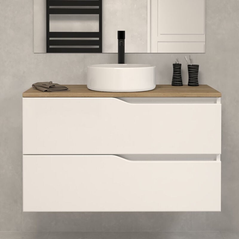 Meuble de salle de bain 80cm avec plateau miel et vasque à poser - sans miroir - 2 tiroirs - blanc - luna