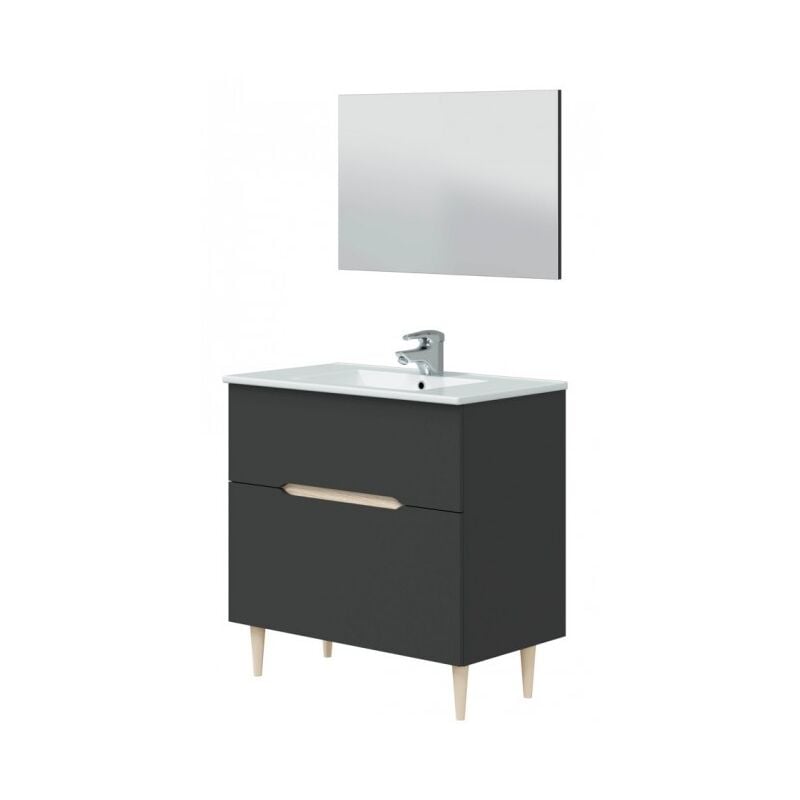 Abitare - Meuble de salle de bain au sol 80 cm gris anthracite et chêne clair avec miroir et lavabo en céramique - Arles - Avec miroir et lampe led