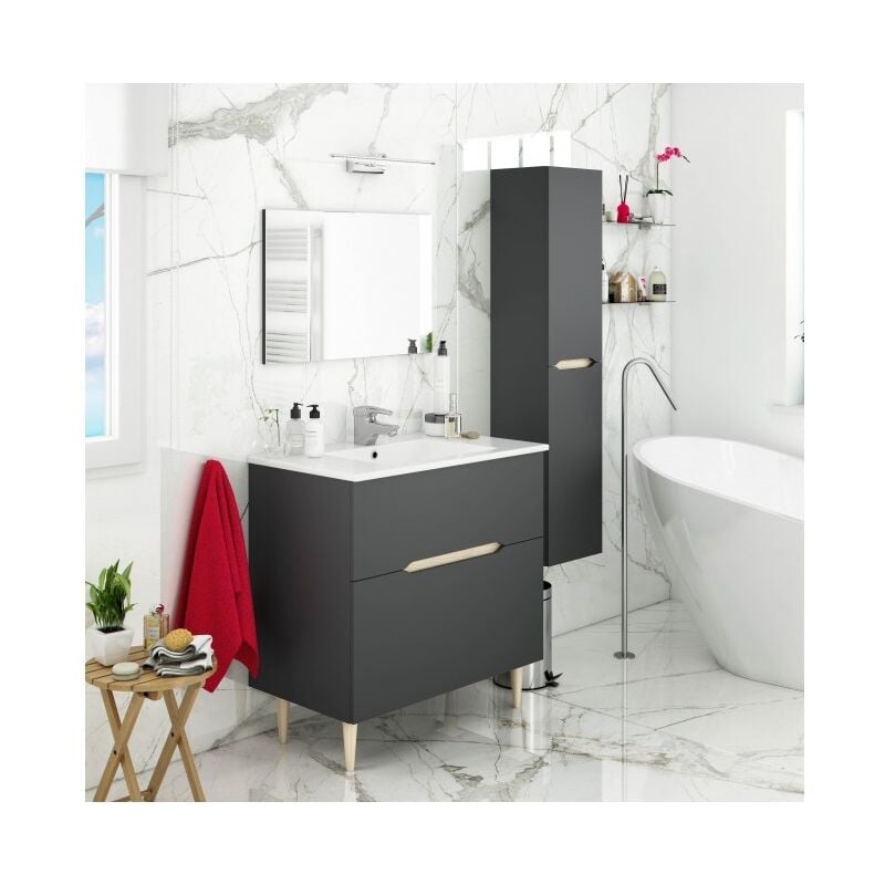 Meuble de salle de bain au sol 80 cm gris anthracite et chêne clair avec miroir et lavabo en céramique - Arles - Standard
