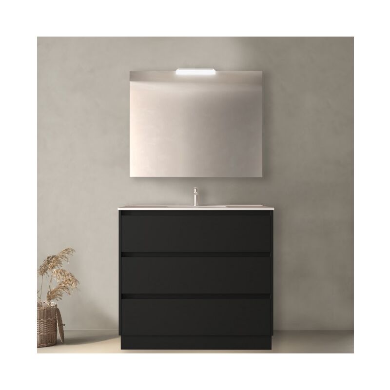 Caesaroo - Meuble de salle de bain sur pied 80 cm noir satiné avec vasque en porcelaine - Nova - Avec colonne