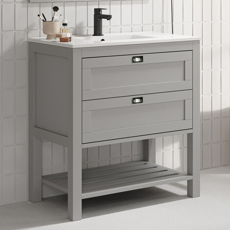 Meuble de salle de bain 80 cm simple vasque - pin massif - 2 tiroirs - sans miroir - gris - PYLA