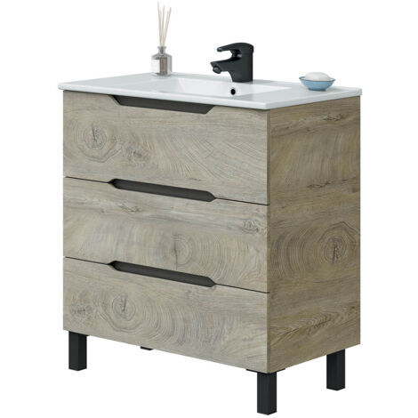 Meuble de salle de bain 80cm avec 3 tiroirs sans poignée coloris chêne à nœuds - Longueur 80 x Profondeur 45 x Hauteur 86 cm