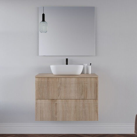 Meuble de salle de bain 80cm avec plateau cambrian et vasque à poser arrondie - 2 tiroirs - blanc - RIBERA