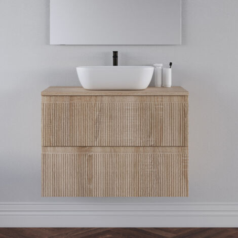 Meuble de salle de bain 80cm avec plateau cambrian et vasque à poser arrondie - sans miroir - 2 tiroirs - blanc - RIBERA
