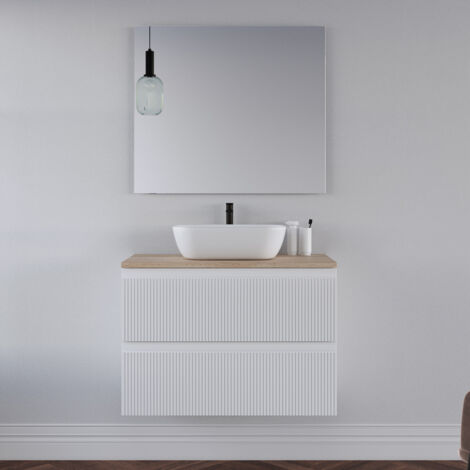 Meuble de salle de bain 80cm avec plateau et vasque à poser arrondie - 2 tiroirs - cambrian (chêne clair) - RIBERA