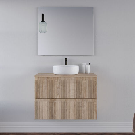 Meuble de salle de bain 80cm avec plateau et vasque à poser ronde - 2 tiroirs - cambrian (chêne clair) - RIBERA