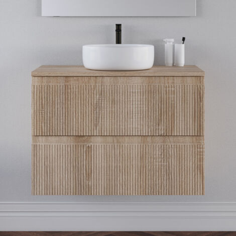 Meuble de salle de bain 80cm avec plateau et vasque à poser ronde - sans miroir - 2 tiroirs - cambrian (chêne clair) - RIBERA
