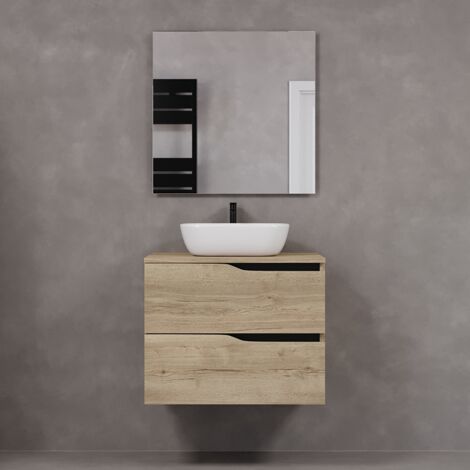 Meuble de salle de bain 80cm avec plateau et vasque à poser zeus - 2 tiroirs - madera miel (chêne clair) - LUNA