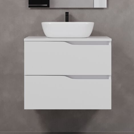 Meuble de salle de bain 80cm avec plateau et vasque à poser zeus - 2 tiroirs - sans miroir - blanc - LUNA