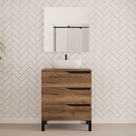 Meuble de salle de bain 80cm avec plateau et vasque à poser zeus - 3 tiroirs - tabaco (chêne foncé) - MATA