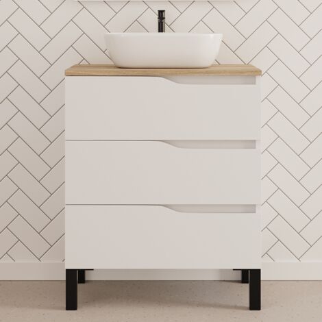 Meuble de salle de bain 80cm avec plateau miel et vasque à poser zeus - 3 tiroirs - sans miroir - blanc - MATA