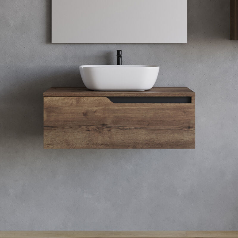 Cosyneo - Meuble de salle de bain 80cm avec vasque à poser arrondie - sans miroir - 1 tiroir - tabaco (bois foncé) - cadix