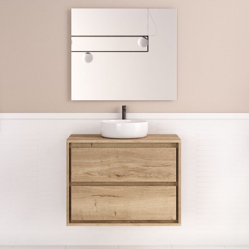 Cosyneo - Meuble de salle de bain 80cm avec vasque à poser ronde - 2 tiroirs - roble sanctuary (chêne clair) - etio