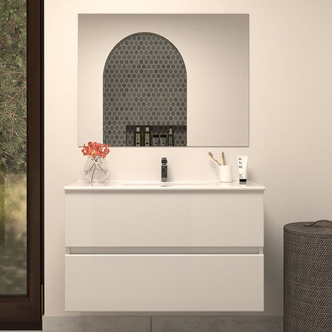 Meuble de salle de bain 80cm simple vasque - 2 tiroirs - blanc - IDA