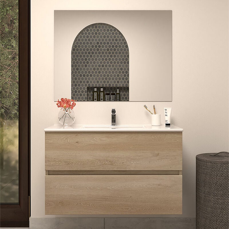 Cosyneo - Meuble de salle de bain 80cm simple vasque - 2 tiroirs - nebraska (bois clair) - ida