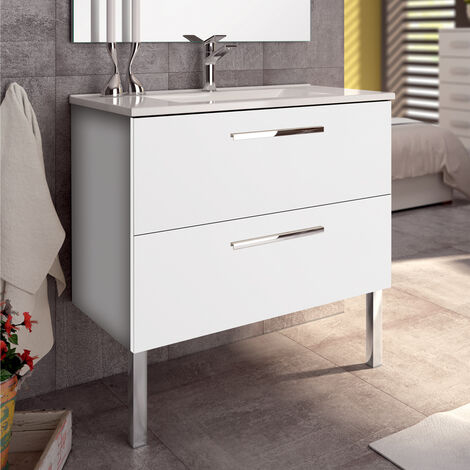 Meuble de salle de bain 80cm simple vasque - 2 tiroirs - sans miroir - CINTO - Blanc