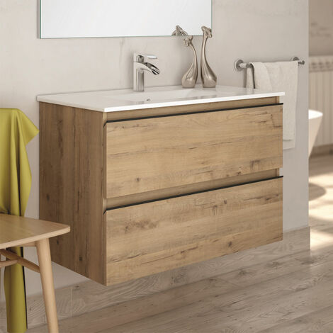 Cosyneo – Meuble de salle de bain 80cm à suspendre – 2 tiroirs avec fermeture douce – Matériaux hydrofuges – Coloris roble (chêne clair)