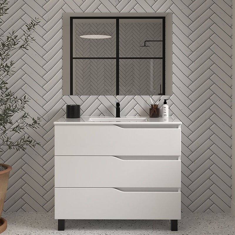 Cosyneo - Meuble de salle de bain 80cm simple vasque - 3 tiroirs - blanc - mata