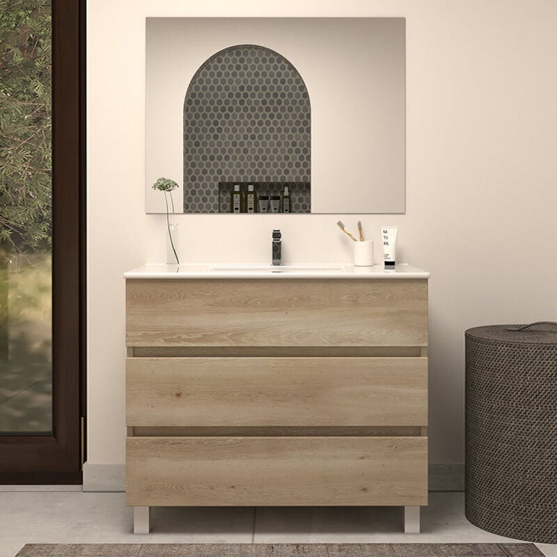 Cosyneo - Meuble de salle de bain 80cm simple vasque - 3 tiroirs - nebraska (bois clair) - mayor