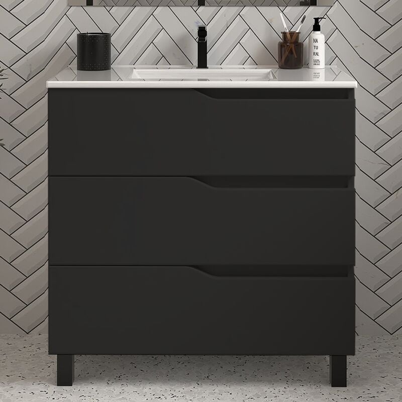 Meuble de salle de bain 80cm simple vasque - 3 tiroirs - sans miroir - noir - mata