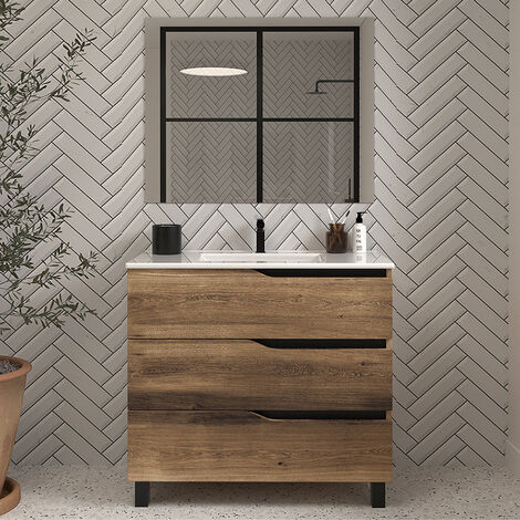 Meuble de salle de bain 80cm simple vasque - 3 tiroirs - tabaco (bois foncé) - MATA