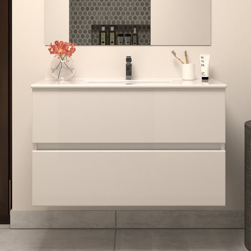 Cosyneo - Meuble de salle de bain 80cm simple vasque - sans miroir - 2 tiroirs - blanc - ida