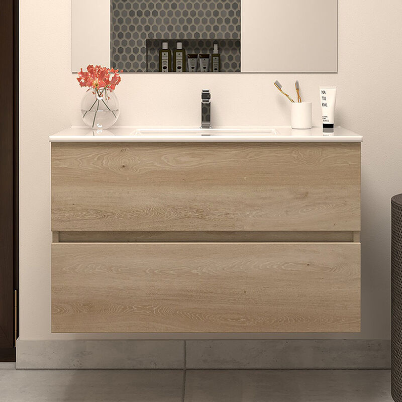 Cosyneo - Meuble de salle de bain 80cm simple vasque - sans miroir - 2 tiroirs - nebraska (bois clair) - ida