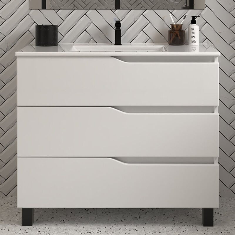 Cosyneo - Meuble de salle de bain 80cm simple vasque - sans miroir - 3 tiroirs - blanc - mata