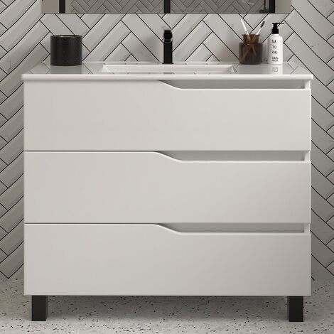 Cosyneo – Meuble de salle de bain 80cm simple vasque – 3 tiroirs – blanc mat – Panneaux mélaminés hydrofuges – Fermeture soft close Hettich