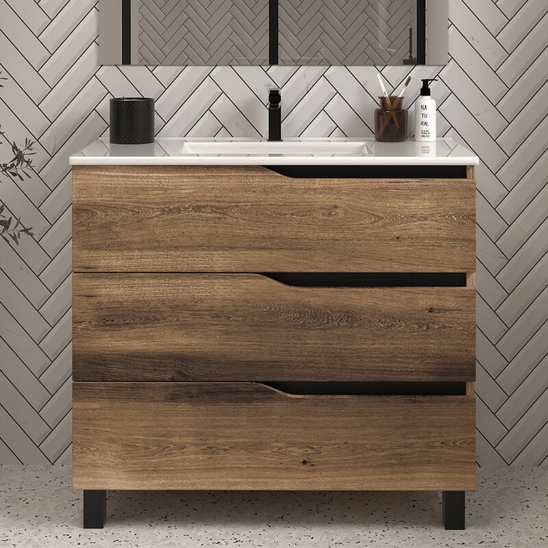 Cosyneo - Meuble de salle de bain 80cm simple vasque - sans miroir - 3 tiroirs - tabaco (bois foncé) - mata