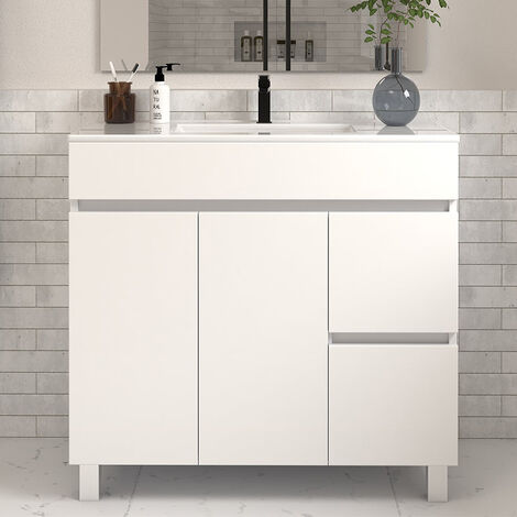 Meuble de salle de bain 80cm simple vasque sans miroir avec portes et tiroirs - blanc - HARO