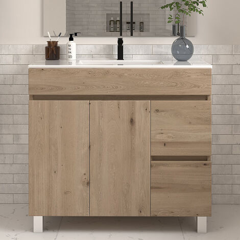 Cosyneo – Meuble de salle de bain 80cm avec vasque simple – 2 tiroirs et 2 portes – Panneaux mélaminés – Cambrian chêne clair