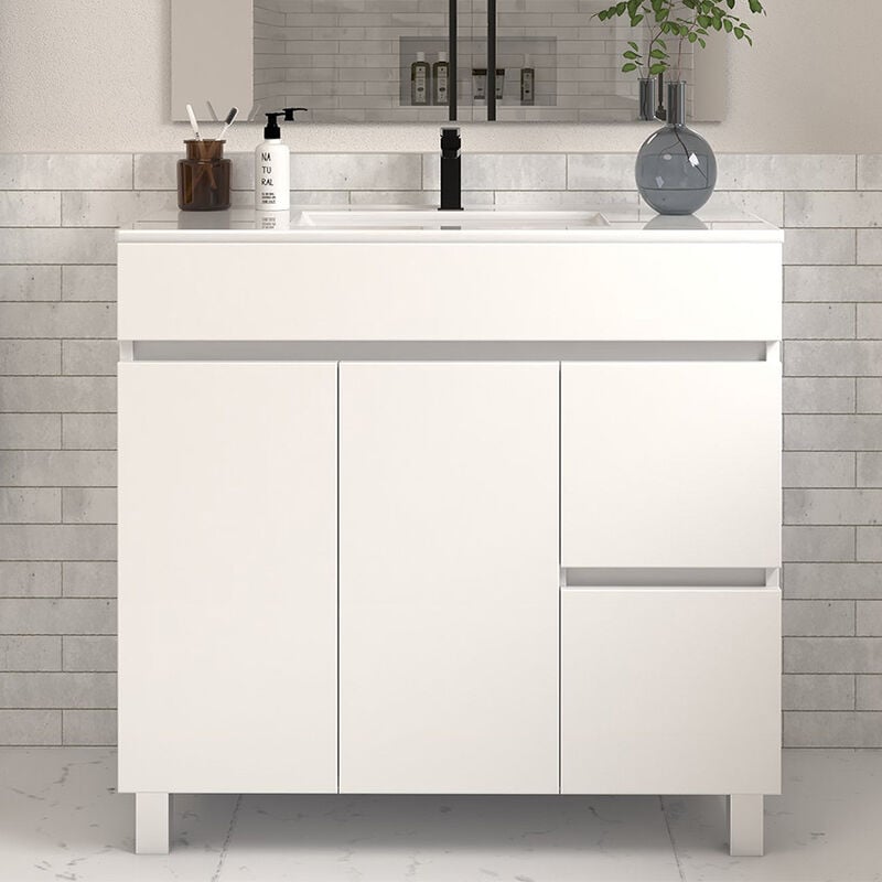 Meuble de salle de bain 80cm simple vasque sans miroir à poseravec portes et tiroirs - blanc - haro