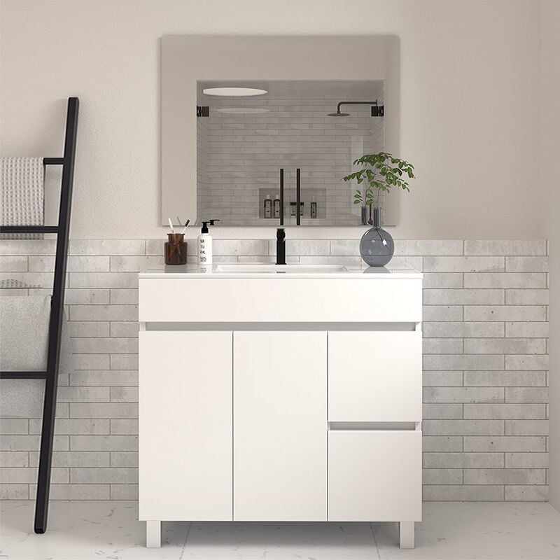 Meuble de salle de bain 80cm simple vasque à poseravec portes et tiroirs - blanc - HARO