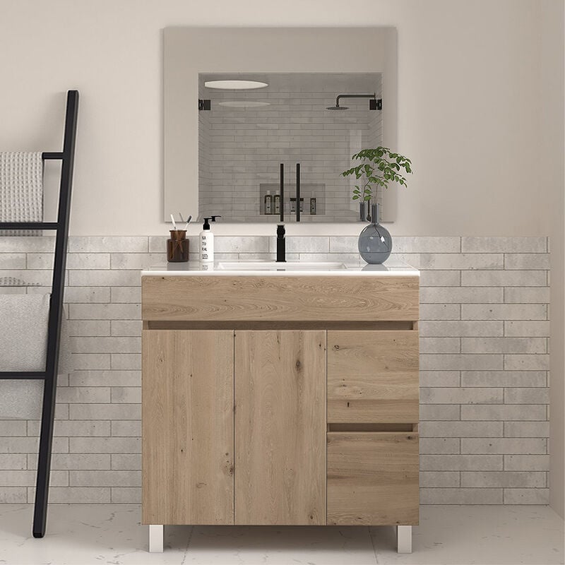 Meuble de salle de bain 80cm simple vasque à poseravec portes et tiroirs - cambrian (chêne clair) - HARO