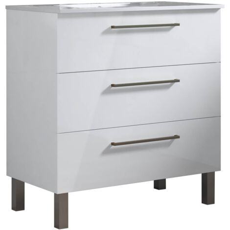Meuble de salle de bain 80cm STAY THREE CLASSIC blanc brillant - Vasque en céramique