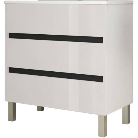 Meuble de salle de bain 80cm STAY THREE EDGE blanc brillant - Vasque en céramique