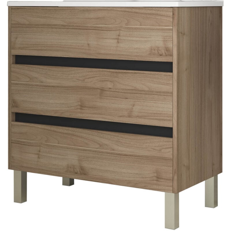 Meuble de salle de bain 80cm STAY THREE EDGE bois clair - Vasque en céramique