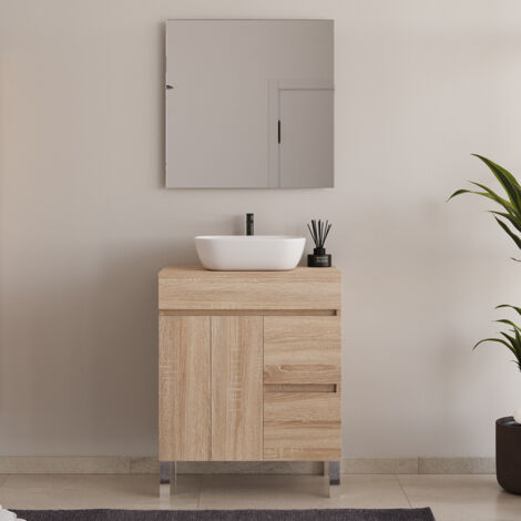 Meuble de salle de bain 80cm sur pieds avec plateau et une cuve à poser arrondie - portes et tiroirs - cambrian (chêne clair) - HARO