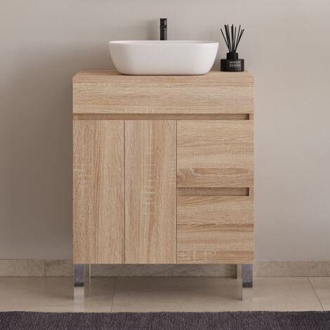 Meuble de salle de bain 80cm sur pieds avec plateau et une cuve à poser arrondie - sans miroir - portes et tiroirs - cambrian (chêne clair) - HARO