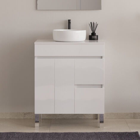 Meuble de salle de bain 80cm sur pieds avec plateau et une cuve à poser ronde - sans miroir - portes et tiroirs - blanc - HARO