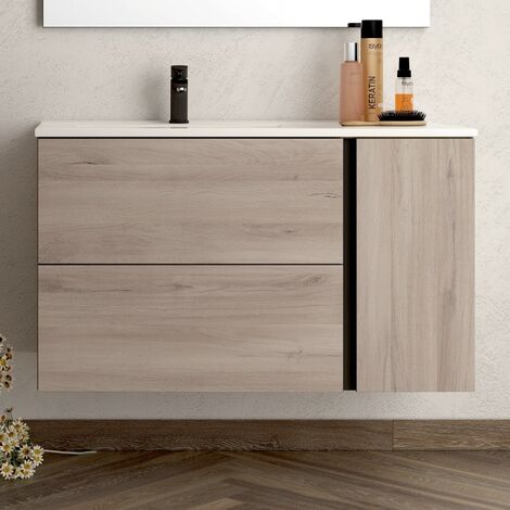 Meuble de salle de bain 80cm vasque déportée - 2 tiroirs et 1 placard - sans miroir - oak (chêne brut) - PRADO